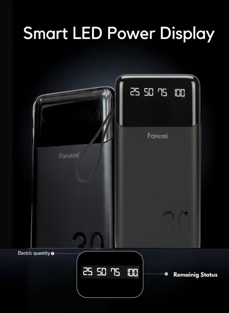Fonemi 30000mAh Power Bank with 22.5W Fast Charging, Built-in Type-C, Lightning, Micro USB & USB Cables, Digital LED Display, Smart Protection Chip, Dual Input & Multiple Output Portable Charger with Handle – Black - Image 4